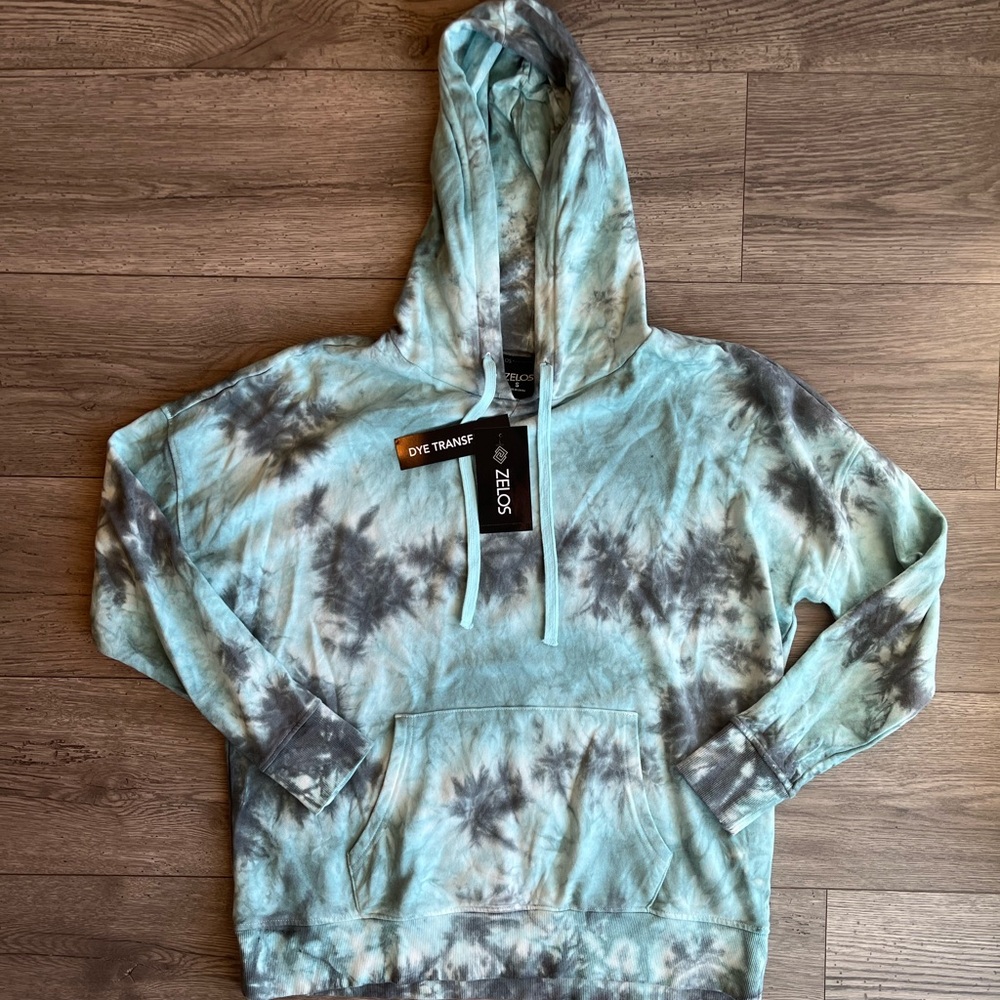 Zelos Women’s Hooded Sweatshirt Tie Dye Blue Gray Hoodie Size Small NWT Y2K